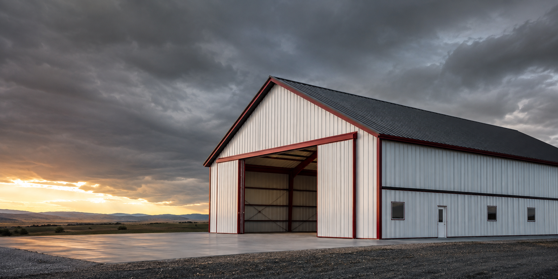 Modern steel workshop building with a charcoal roof and red trim